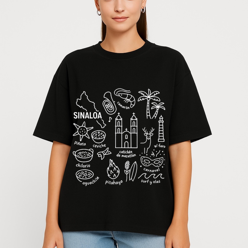 Sinaloa Mexico cultural icons clipart design with Camarón shrimp, ceviche, Catedral de Mazatlán, chilorio, aguachile, and state map. Perfect SVG, PNG sublimation file for digital download, Mexican food art, heritage crafts, and cultural projects