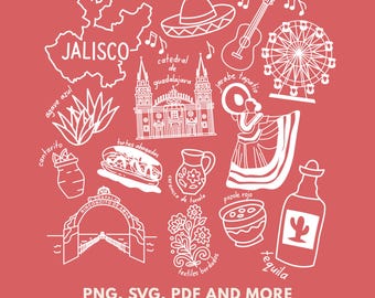 Jalisco Mexico SVG PNG, Cultural Icons Clipart | Agave Azul, Cathedral de Guadalajara, Jarabe Tapatío, Tortas Ahogadas Sublimation File