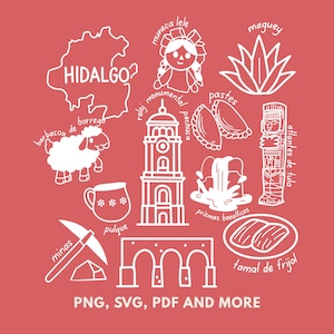 May include: White line art illustrations of Hidalgo, Mexico, landmarks and cultural symbols on a red background. Includes a map, a doll, a sheep, a church, food, and the text "PNG, SVG, PDF AND MORE."