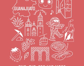 Guanajuato Mexico SVG PNG, Cultural Icons Clipart design | Mummies, Callejón del Beso, Momias, Cathedral, Cable Car Sublimation File