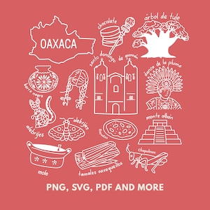May include: A red graphic featuring white line drawings of Oaxaca, Mexico icons. Includes the state outline, a church, food, and cultural symbols. Text includes "Oaxaca", and "PNG, SVG, PDF AND MORE".