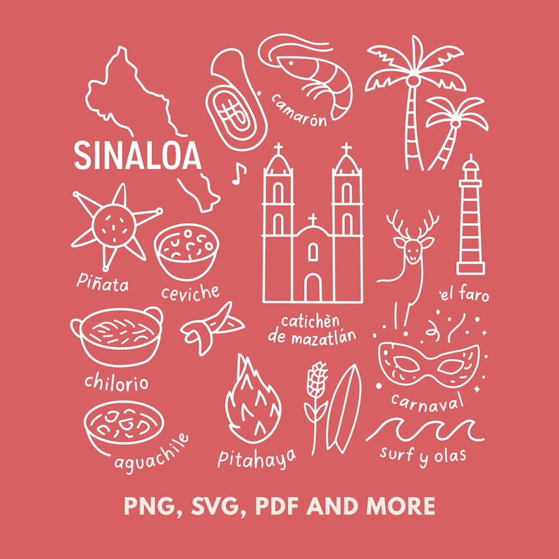 Sinaloa Mexico cultural icons clipart design with Camarón shrimp, ceviche, Catedral de Mazatlán, chilorio, aguachile, and state map. Perfect SVG, PNG sublimation file for digital download, Mexican food art, heritage crafts, and cultural projects
