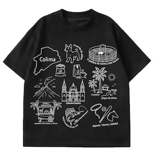 May include: A black short-sleeve t-shirt featuring white line art illustrations of Colima landmarks and culture, including a map, a dog, a bullring, a volcano, a cathedral, palm trees, a food cart, a fish, and sports equipment with text labels.