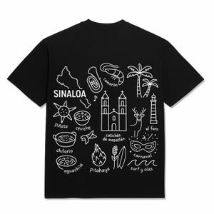 Sinaloa Mexico cultural icons clipart design with Camarón shrimp, ceviche, Catedral de Mazatlán, chilorio, aguachile, and state map. Perfect SVG, PNG sublimation file for digital download, Mexican food art, heritage crafts, and cultural projects