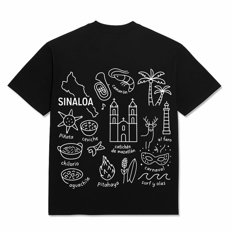 Sinaloa Mexico cultural icons clipart design with Camarón shrimp, ceviche, Catedral de Mazatlán, chilorio, aguachile, and state map. Perfect SVG, PNG sublimation file for digital download, Mexican food art, heritage crafts, and cultural projects