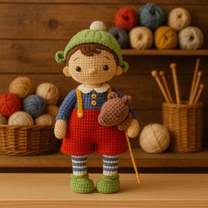May include: A handmade crochet doll of a boy wearing a green hat, blue shirt, red shorts, and striped socks. The doll is holding a brown stick horse. Yarn balls and knitting needles are in the background. The doll is approximately 10 inches tall.