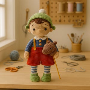 Puede incluir: Mu&ntilde;eca de ganchillo hecha a mano de un ni&ntilde;o peque&ntilde;o con gorro verde, camisa azul, pantalones cortos rojos y zapatos verdes. La mu&ntilde;eca sostiene un caballo de palo marr&oacute;n. La mu&ntilde;eca est&aacute; hecha con una variedad de colores y texturas de hilo.