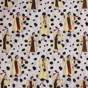 May include: White fabric with a repeating pattern of a cartoon character in a yellow coat, black dress, and red gloves, surrounded by black polka dots. The character has black and white hair and is holding a black and white purse.