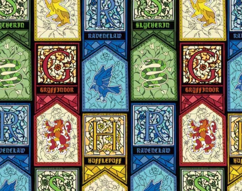 May include: A repeating pattern featuring the crests of the Hogwarts houses: Gryffindor, Ravenclaw, Slytherin, and Hufflepuff. Each crest is framed in a stained-glass style with vibrant colors and detailed imagery, including animals and house initials.