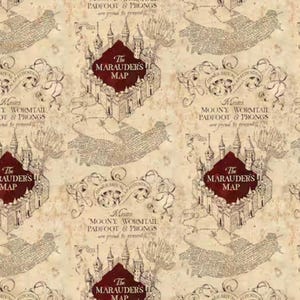 May include: A repeating pattern featuring the Marauder's Map from the Harry Potter series. The map is in shades of beige and brown, with a burgundy emblem that reads "The Marauders Map". The text "Moony, Wormtail, Padfoot & Prongs" is also visible.