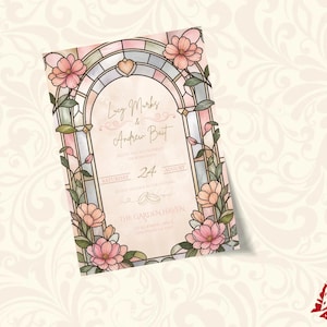 May include: A wedding invitation with a stained-glass window design, adorned with pink and peach flowers and green foliage. The invitation displays the names "Lucy Marks & Andrew Bart", the date "24 August", and the venue "The Garden Haven".
