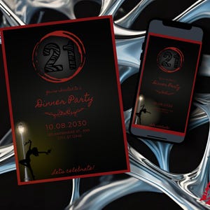 May include: Black invitation card and smartphone screen with a red border. The invitation reads "Dinner Party" with the number "21" in a circle. The date is 10.08.2030. A silhouette of a person dancing under a street lamp is visible.