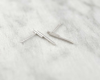Subtle silver tube stud earrings / Unique shiny line ear studs for daily use / Designers casual wear posts earrings / Understated jewelry