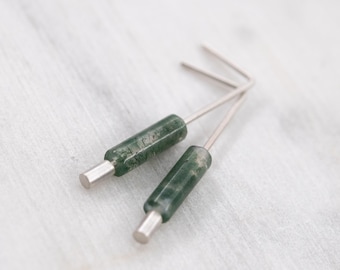 Boucles d’Oreilles Pendantes en Argent 925 & Agate Mousse – bijoux Minimalistes Fabriquées à la Main à Paris
