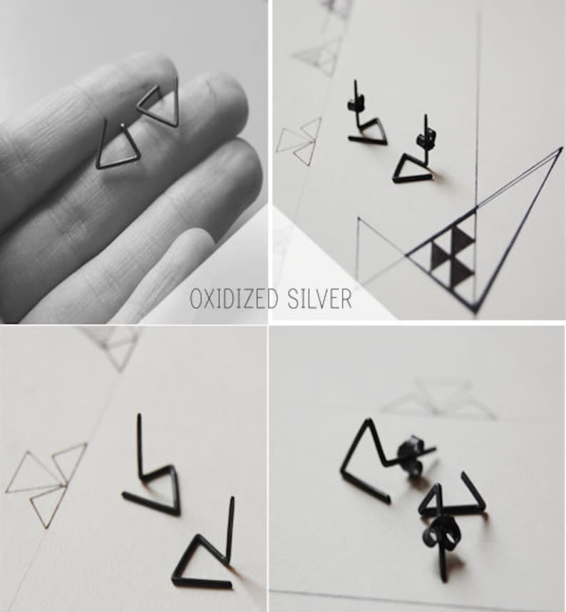 Triangle oxidized silver studs, Geometric earrings image 2