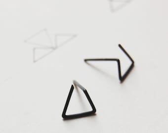 Triangle oxidized silver studs, Geometric earrings