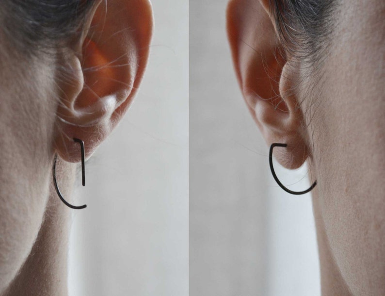 Dainty half circle earrings in silver Black oxidized