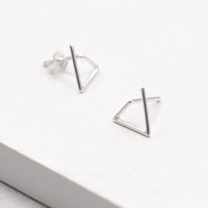 Triangle oxidized silver studs, Geometric earrings shiny silver