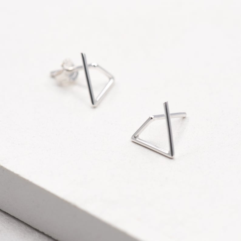 Triangle oxidized silver studs, Geometric earrings shiny silver
