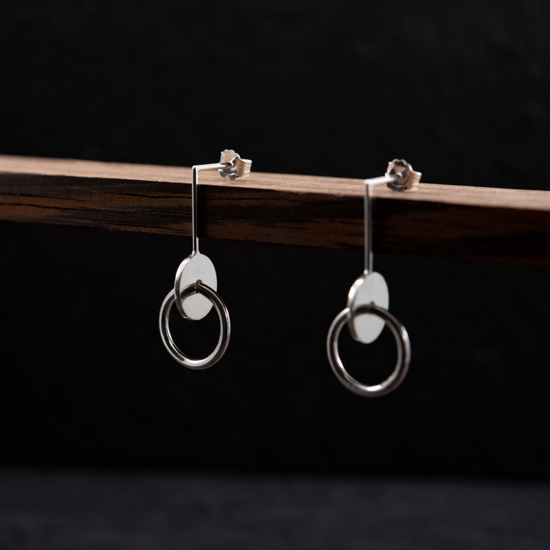 Silver urban earrings, dot circle linked image 2