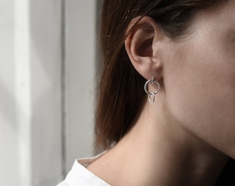 Modern jewelry, Double Silver Hoops with Dot and Linked Circles.