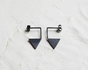 Boucles d'oreilles géométriques triangles argent noir | Bijoux contemporains | Bijoux géométriques