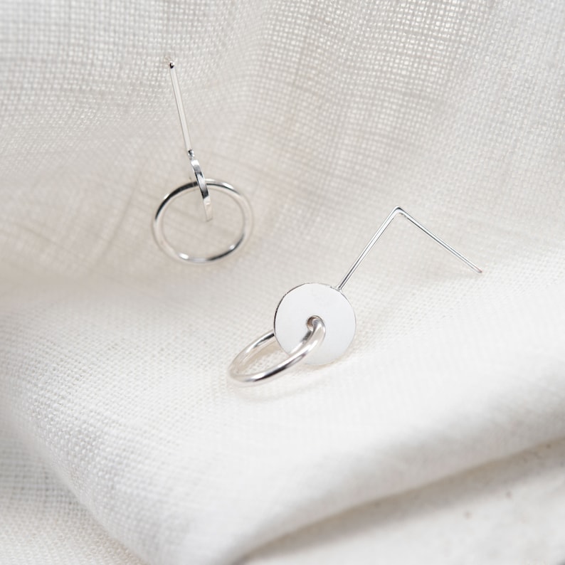 Silver urban earrings, dot circle linked image 3