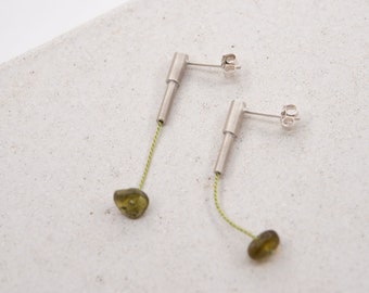 Green grenat stone and silver tube dangle earrings / silk gemstone hanging ear post / Best gift for her