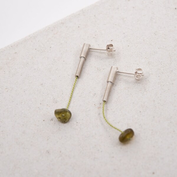 Green grenat stone and silver tube dangle earrings / silk gemstone hanging ear post / Best gift for her