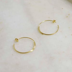 May include: A pair of gold hoop earrings with a double band design. The earrings are simple and elegant.
