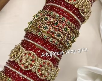 Deep Maroon Kundan Bridal Bangle Set, Antique Gold-Plated Chura, Red Stone Wedding Jewelry