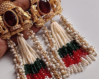Kundan Gajalakshmi Earrings, Pearl Tassels, South Indian Kemp Jhumka, Bridal Festive Jewelry