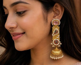 Brincos Jhumka de papagaio em ouro antigo, joias de noiva Kundan com pedra rosa