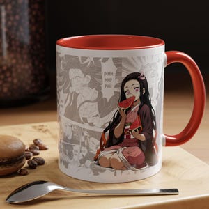 Cute Anime Girl Coffee Mug, Chibi Demon Girl Coffee Cup, Japanese Manga Style Drinkware,Kawaii Bamboo Girl Gift for Anime Lovers