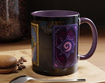 Taza de café con temática de cartas de Hearthstone, taza de tres cartas, taza de juego de cartas de fantasía, regalo para gamers geeks y fanáticos de TCG