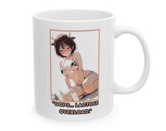 Sexy Anime Girl Tasse, "Oops .. Lactose Overload", Ecchi Bikini Tasse, süße Waifu Kaffeetasse, Kawaii Hot Girl Kunst Geschenk, NSFW Anime Mug Merch