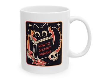 "Katzen-Lesung ""Wie man Menschen zerstört"" Tasse, lustige dunkel Humor Katzentasse, literarische Kaffeetasse, sarkastisches Geschenk für Katzenliebhaber."