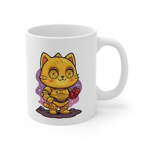 May include: White ceramic mug featuring a cartoon cat dressed as a golden robot. The cat has large, expressive eyes and a red glove. The design is set against a purple and starry background.