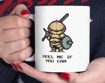 Dark Souls Onion Knight Pixel Art Mug, Peel Me If You Can Saying Funny Gamer Coffee Cup, Gift For Dark Souls Players