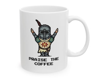 Dark Souls Solaire von Astora Pixel Art Tasse, Lobe den Kaffee Spruch Lustige Gamer Kaffeetasse, Geschenk für Dark Souls Spieler