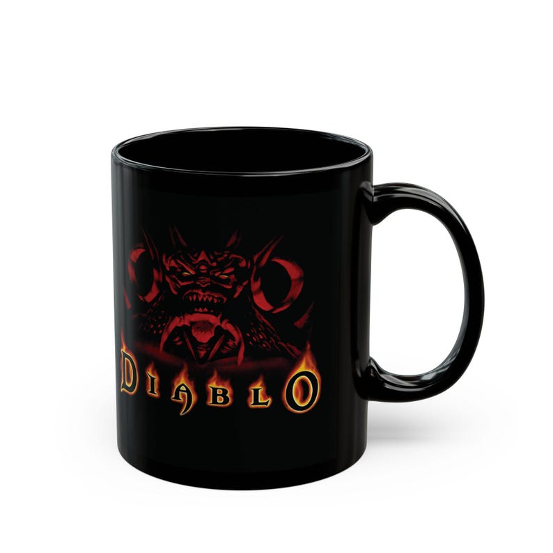 Taza negra retro de Diablo 1 para PC, taza de café vintage de RPG, ideal para gamers, regalo de videojuego clásico. imagen 6