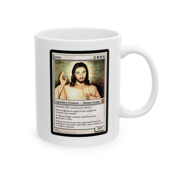 mtg jesus card Magic The Gathering Mug, Style Holy Jesus Coffee Cup, Funny Religious Coffee Cup,Trading Card Parody Mug for Geeky Collectors This is for all you