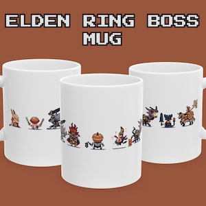 May include: Three white ceramic mugs with a pixelated design of Elden Ring bosses. The mugs have a brown background and the text "ELDEN RING BOSS MUG" in pixelated font.