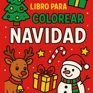 May include: A red background features a Christmas-themed coloring book cover with illustrations of a Christmas tree, reindeer, snowman, gifts, and candy cane. The text reads "LIBRO PARA COLOREAR NAVIDAD."