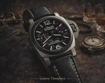 Orologio da uomo di lusso in stile Luminor con quadrante nero e cinturino in pelle, ispirato al design militare vintage, automatico, regalo perfetto per lui.