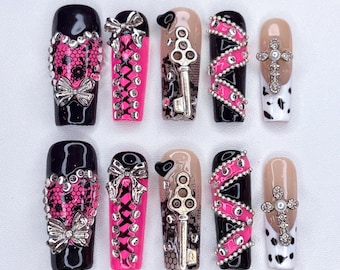 Y2K Punk Style Bright Pink and Black Lace-Up Long Coffin Press On Nails