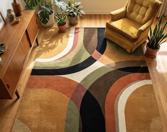 Retro Swirl Teppich, Mid Century Modern Abstrakt Geometrische Boho Teppich Wollteppich Wohnzimmer Schlafzimmer Dekor Handgefertigt Matte