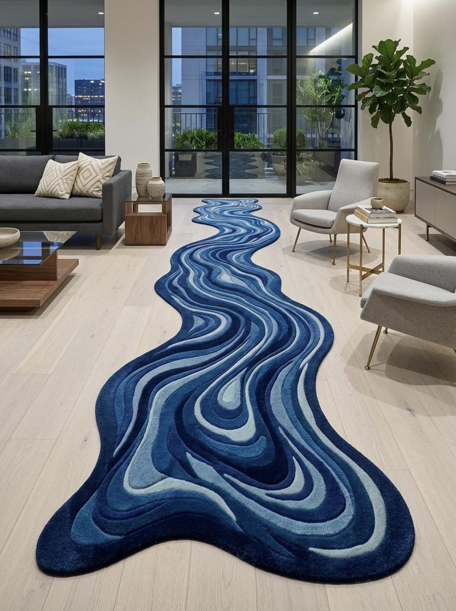 Unique Shape Runner Rug Blue Abstract Wave Rug Irregular Shape Runner Modern Hallway Carpet ...