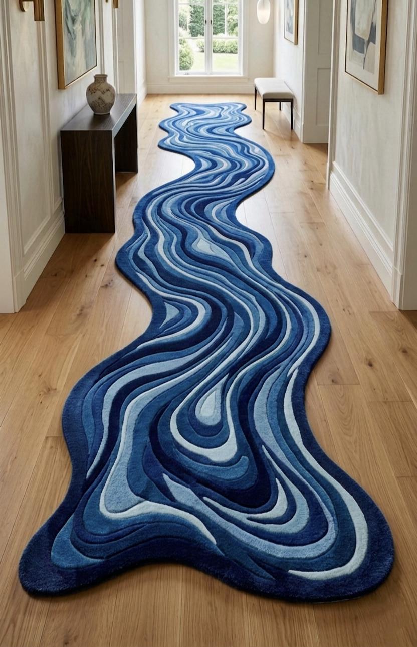 Unique Shape Runner Rug Blue Abstract Wave Rug Irregular Shape Runner Modern Hallway Carpet ...