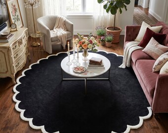 Hand Tufted Scalloped Rug Black White Round Wool Area Rug Luxury Living Room Bedroom Home Decor 5x8 8x10